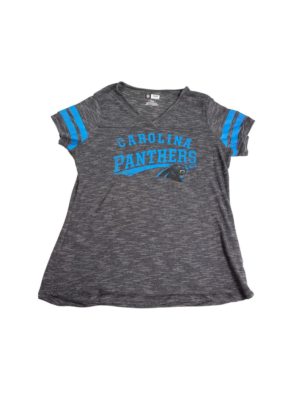 Carolina Panthers NFL womens gray stripe blue graphic V neck T shirt. Size M